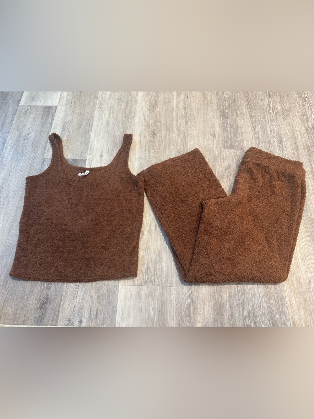 Steve Madden brown fuzzy two-piece lounge set w/ scoop-neck tank & wide-leg pant